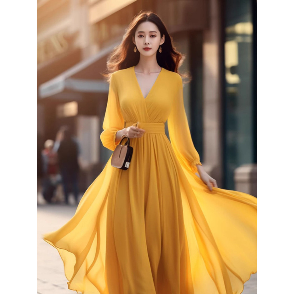 Long Skirt Good looking Vacation High End Popular This Year Dress Chiffon Big Swing Photo Yellow Travel Bohemian Shopee Malaysia