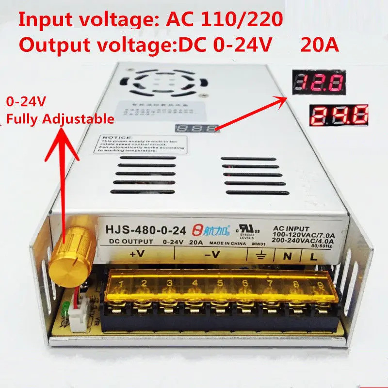 Alimentation DC Réglable 0-24V 20A 480W Lianshi - Transformateur AC-DC Avec Affichage Digital