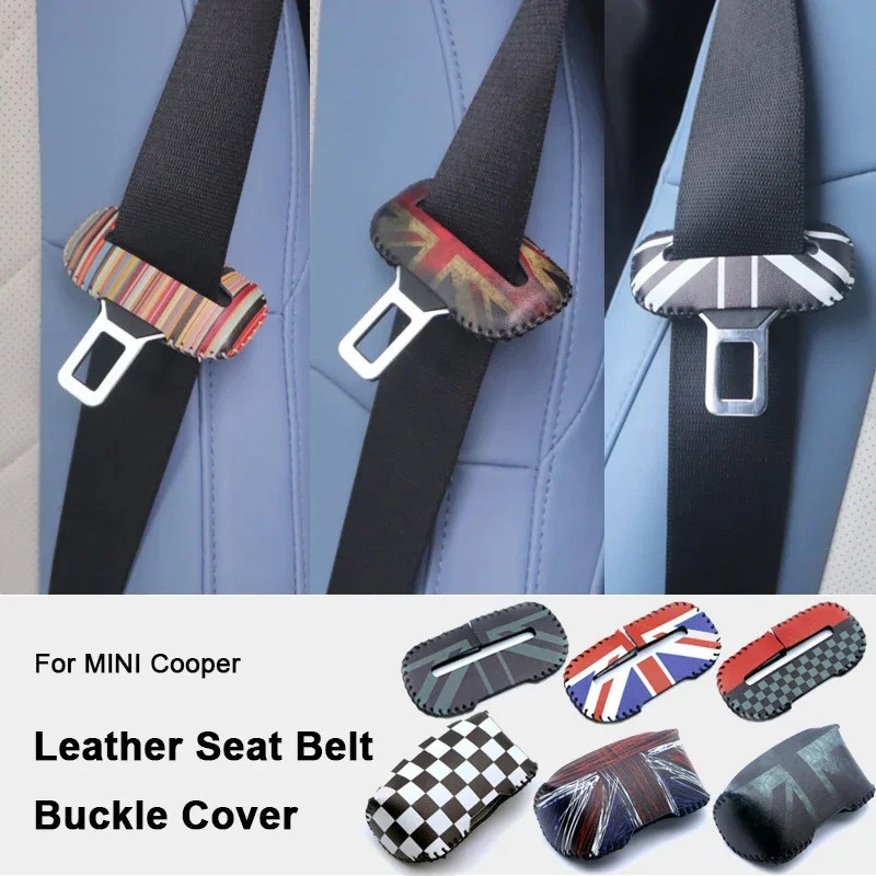 Mini Cooper Checkered Flag Seat Belt Shoulder Pads - Leather, Black & White (2-Pack)