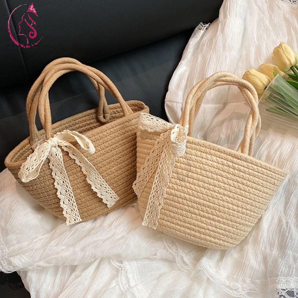 OCEANMAP Beach Straw Bag Khaki With Ribbon Woven Straw Tote Bag 
