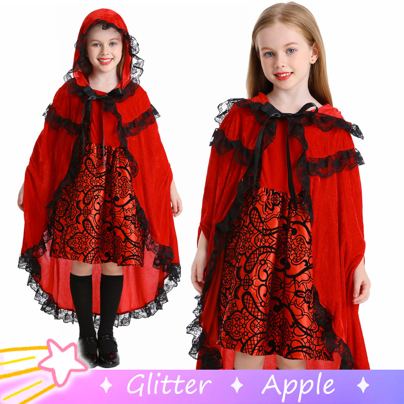 Little Red Riding Hood Costume For Girls – Kids Halloween Dress Up Set With Cape, Dress, Headband & Bag (Age 3-12)