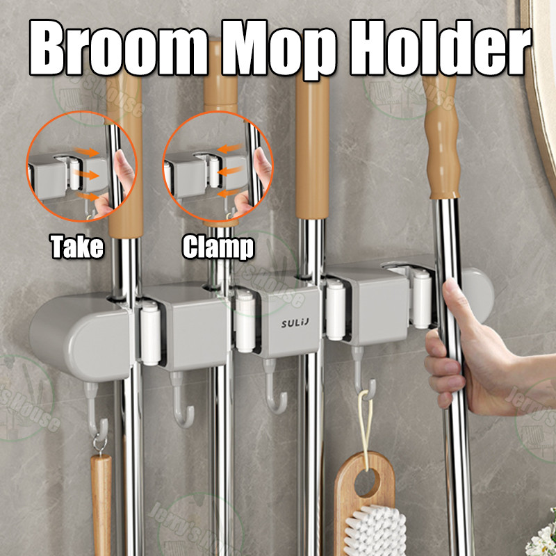 Punch-Free Mop Rack Broom Mop Holder with Hooks Wall Mounted Broom ...