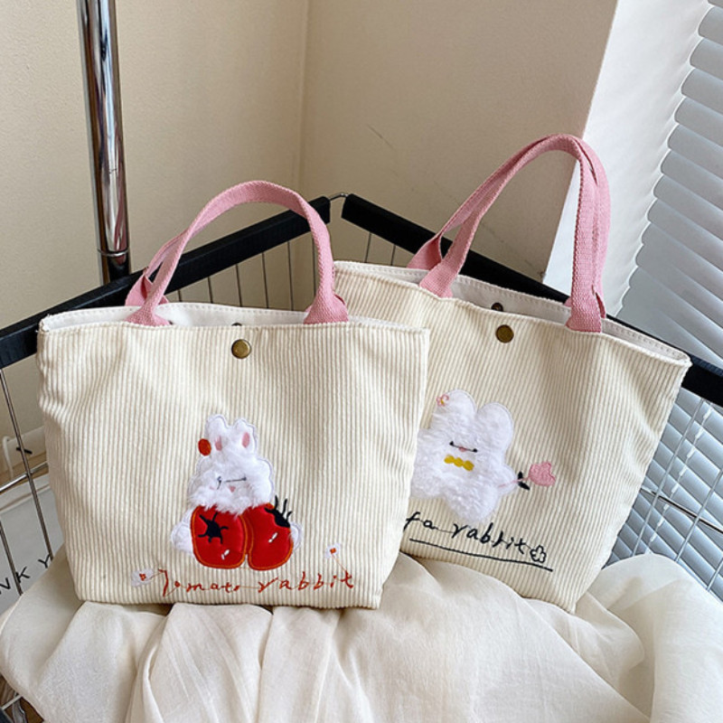 Elegant Cute Rabbit Handbag Women Cartoon Embroidered Corduroy Canvas ...