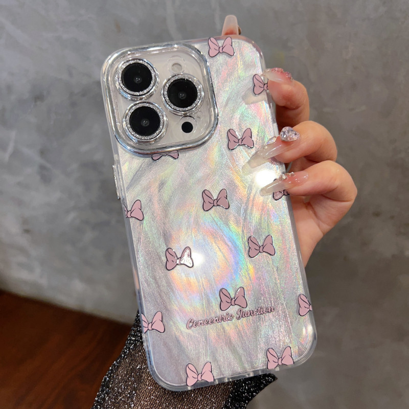 Casing iPhone 11 12 13 14 15 16 Pro Max Laser Pink Bow Shockproof Case