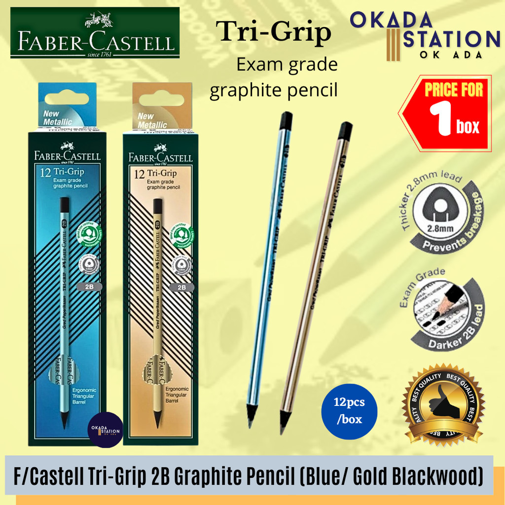 Faber Castell Tri-Grip Gold / Blue Blackwood 2B Pencil / Exam Grade ...