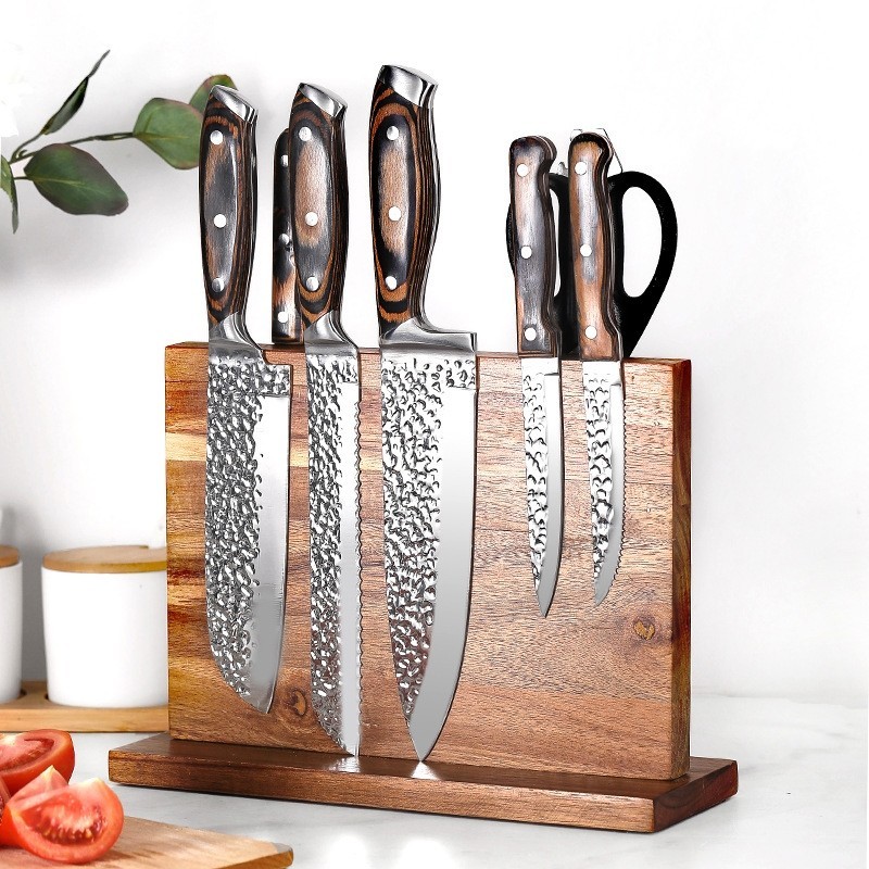 Magnetic Knife Block Holder Rack Acacia Wooden Universal Stands with ...