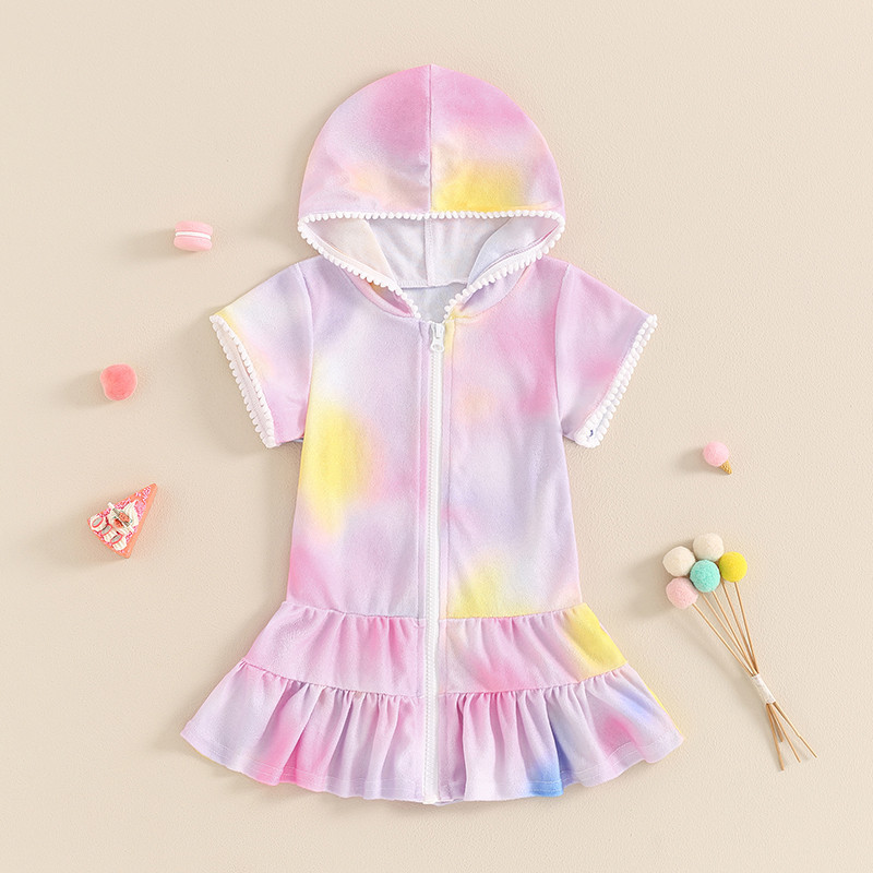 Little Girls Swim Cover Up - Zip Up Hooded Bathrobe Beach Dress With Pom Poms (White, Ages 8-9 Years)