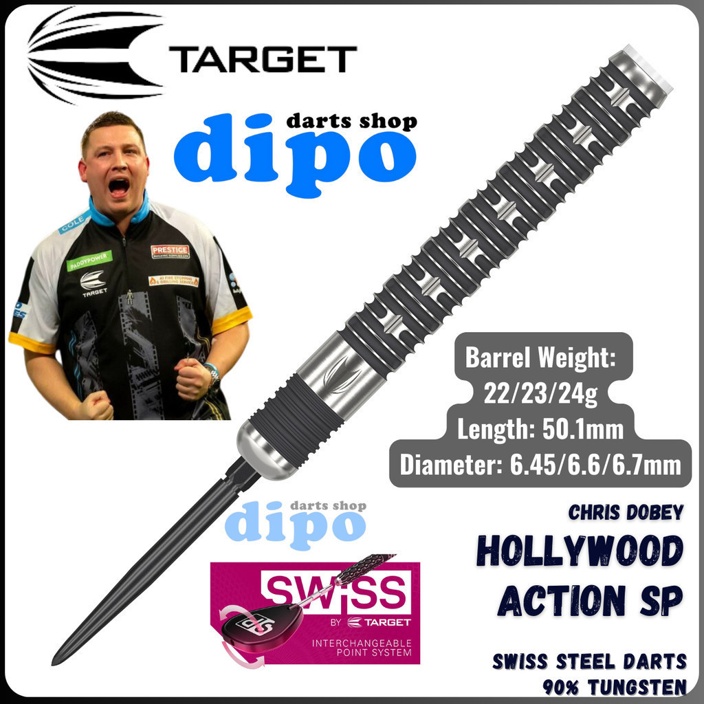 Fléchettes Target Darts Chris Dobey "Hollywood Action" - 90% Tungstène, 23G, Pointes Swiss Point Noires, Tiges Et Vols Inclus