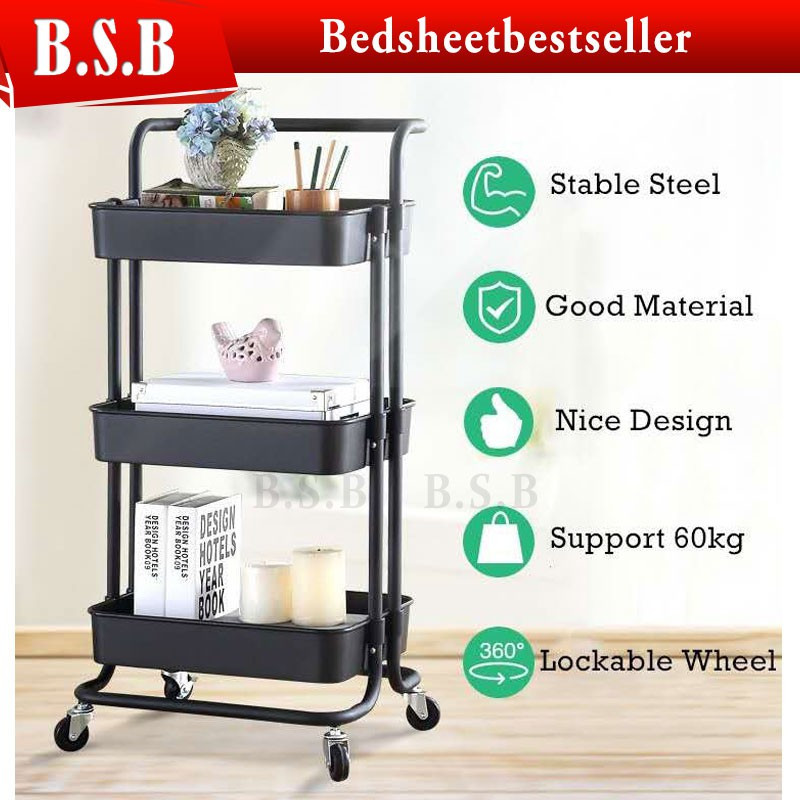 B.S.B 3 Tier Multifunction Storage Trolley Rack Office Shelves Home ...