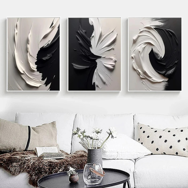 Modern Minimalist Black and White Texture Canvas Painting Abstract ...