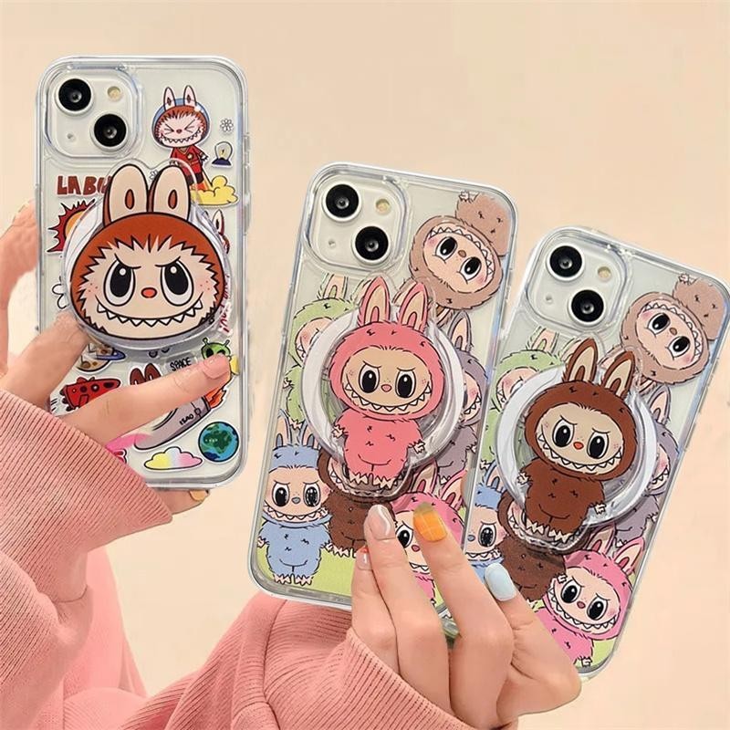 Kawaii cartoon labubu phone case with holder bracket For Samsung Galaxy