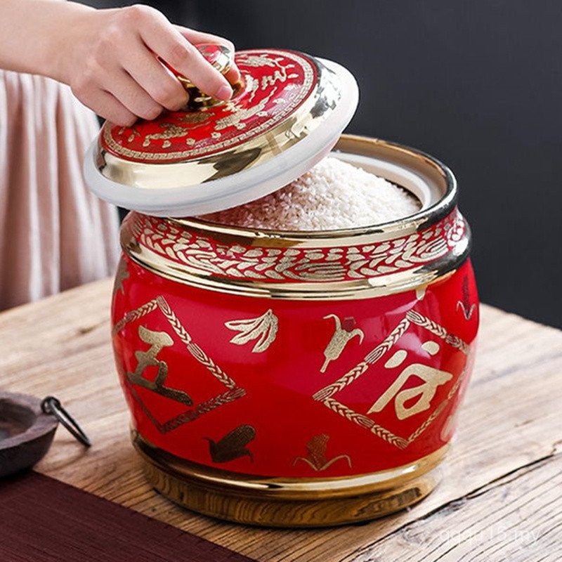 5kg Ceramic Rice Cylinder with Lid Household Small Size Storage Rice ...