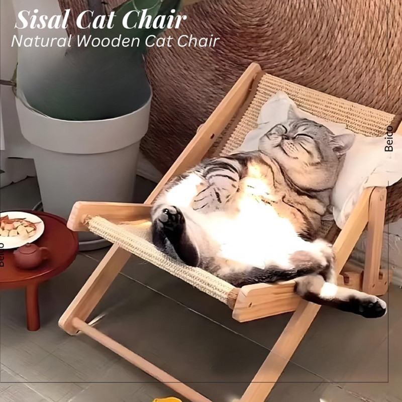 Sisal Cat Chair 4-Speed Adjustable Natural Wooden Cat Chair Elevated ...