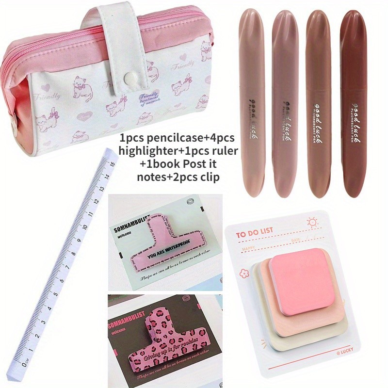 9pcs/set cartoon pink cat pencil case set cute pencil case portable