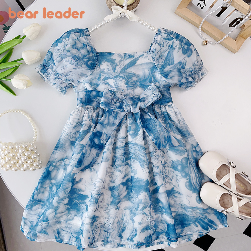 Bear Leader Children's Summer Girl Princess Blue Flower Bubble Sleeve ...