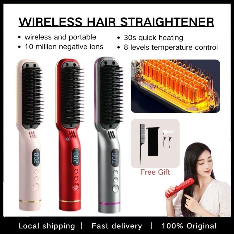 直发梳 2 In 1 Wireless Straight Hair Comb Hair Straightener Brush PTC 30s ...