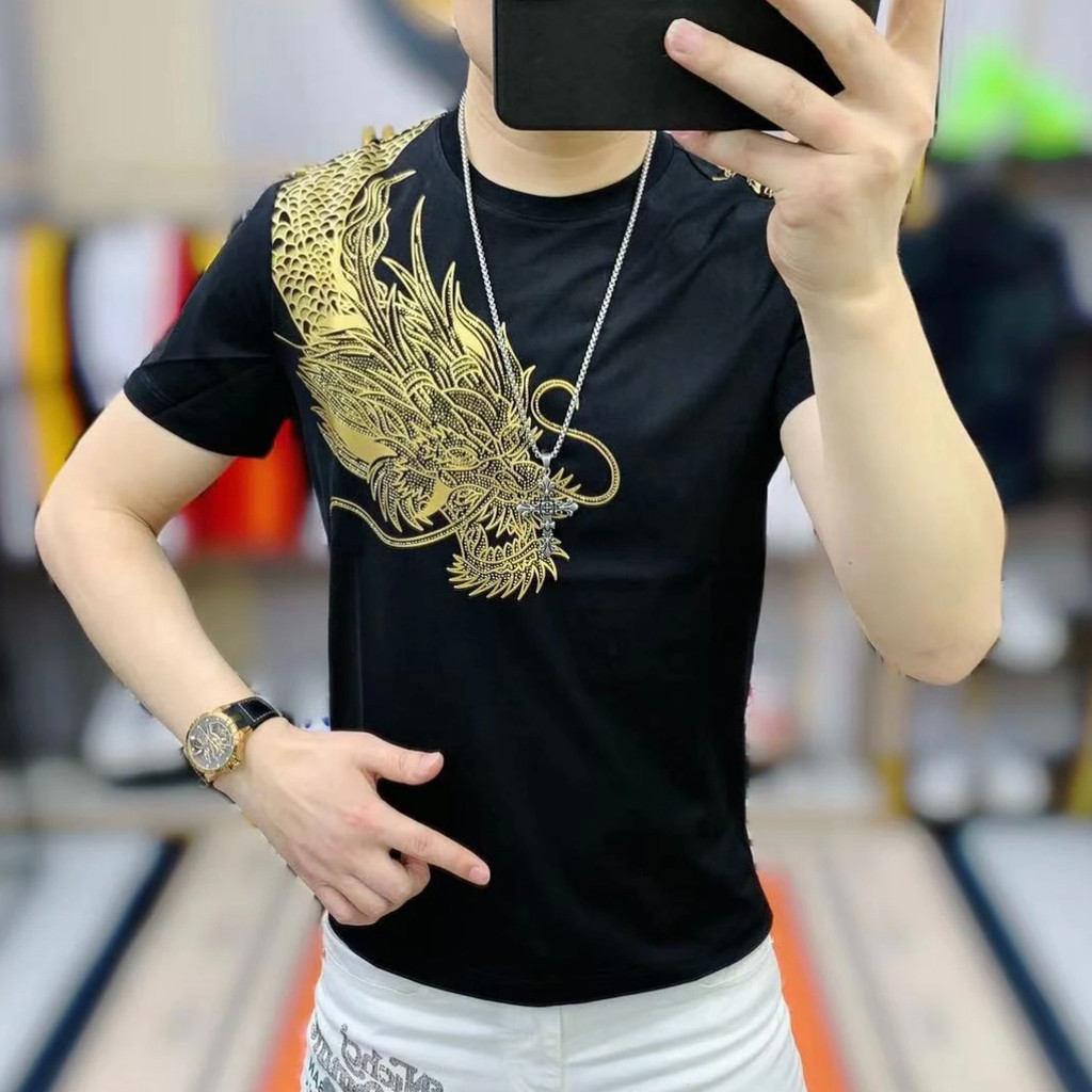 Chinese Style Dragon Printed Rhinestones T-shirts Men Short Sleeve Slim ...