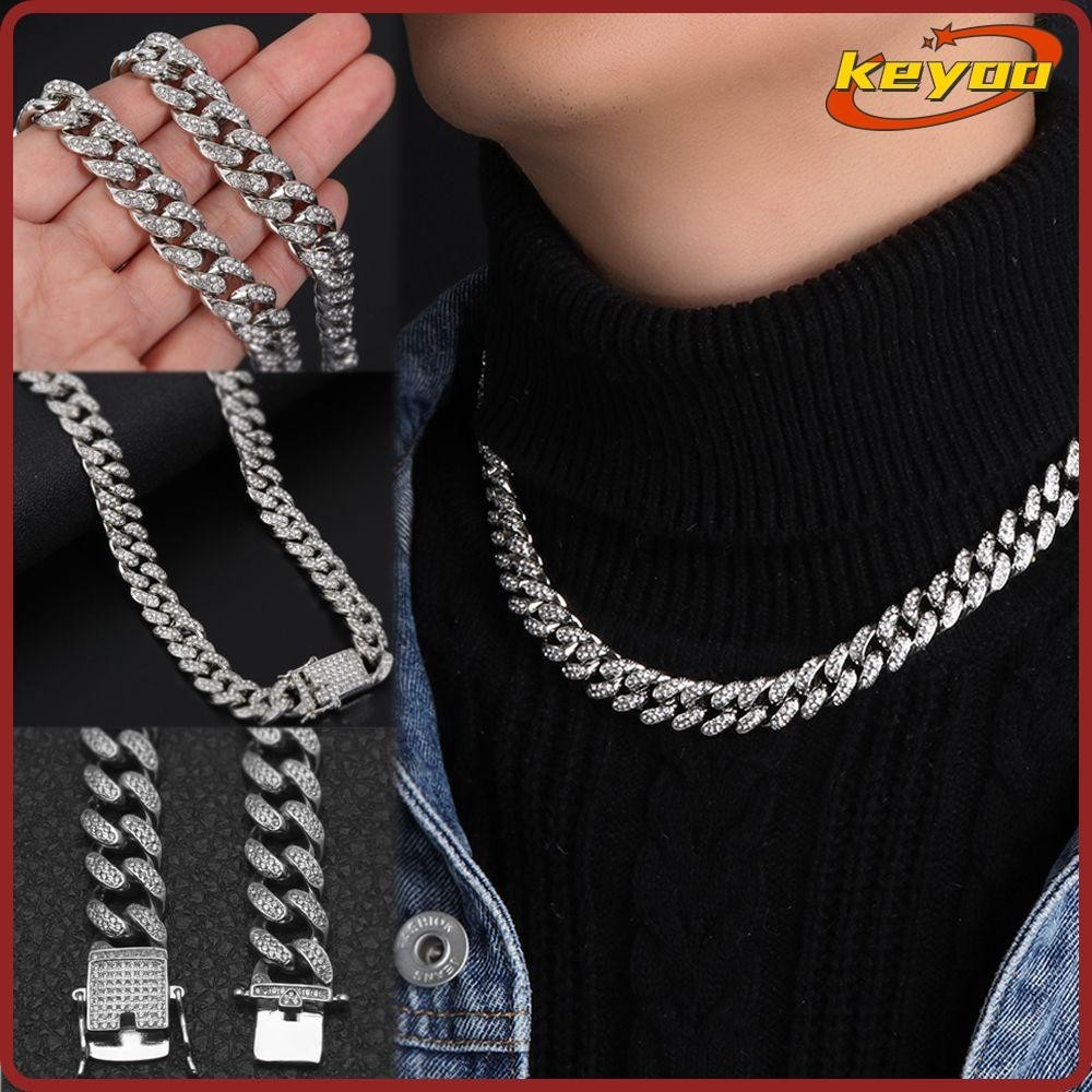 KEYOO Link Chain 12mm Width Diamond Fashion Necklace Inlaid Rhinestone ...