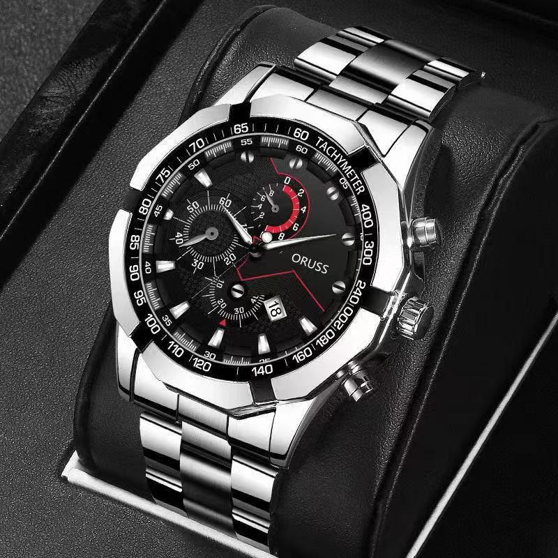 ORUSS Original Men Stainless Steel/Leather Waterproof Calendar