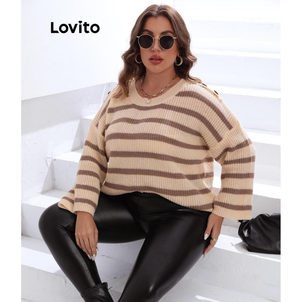 Lovito Plus Size Curve Casual Striped Basic Sweaters for Women LNL57420 ...