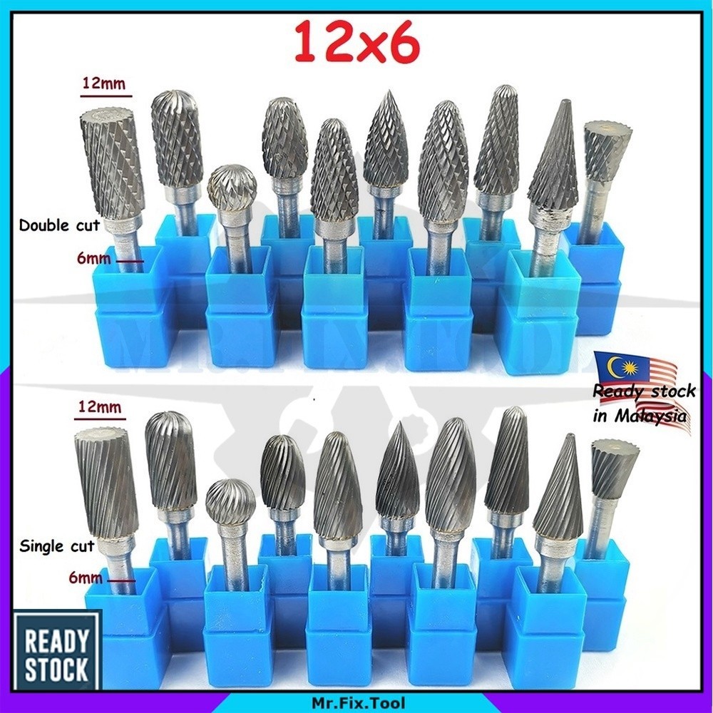 10pcs 12x6mm Tungsten Carbide Burr 6mm Single Cut Double Cut Rotary ...