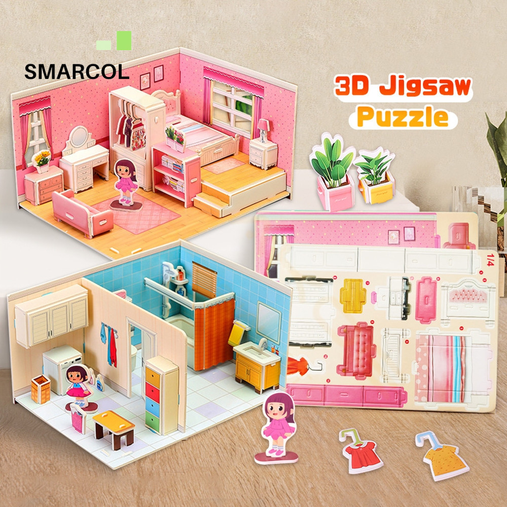 Kids 3D Dollhouse Puzzle Set Cartoon Miniature House DIY Kit Cut-free ...