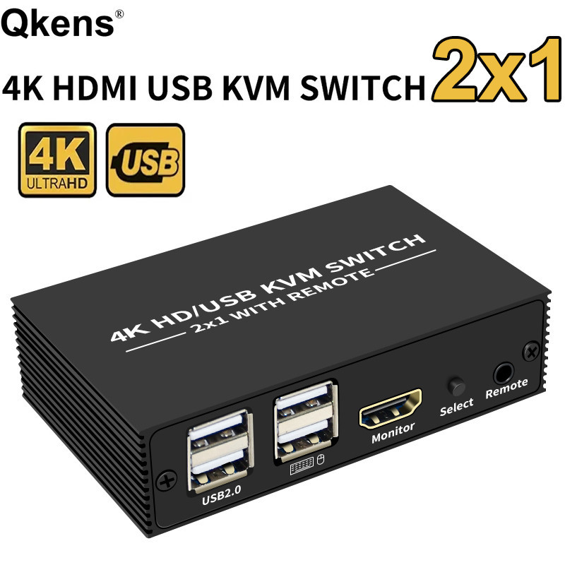 4K 2x1 HDMI KVM Switch Video Converter with 4 Port USB Hub with Desktop ...