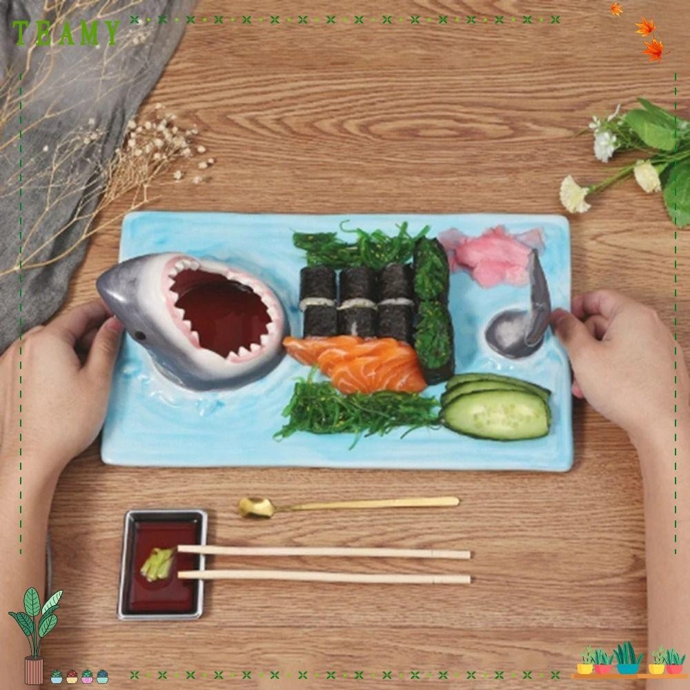 TEAMY Shark Attack Sushi Plate, Rectangle Ceramic Shark Sushi Plate ...