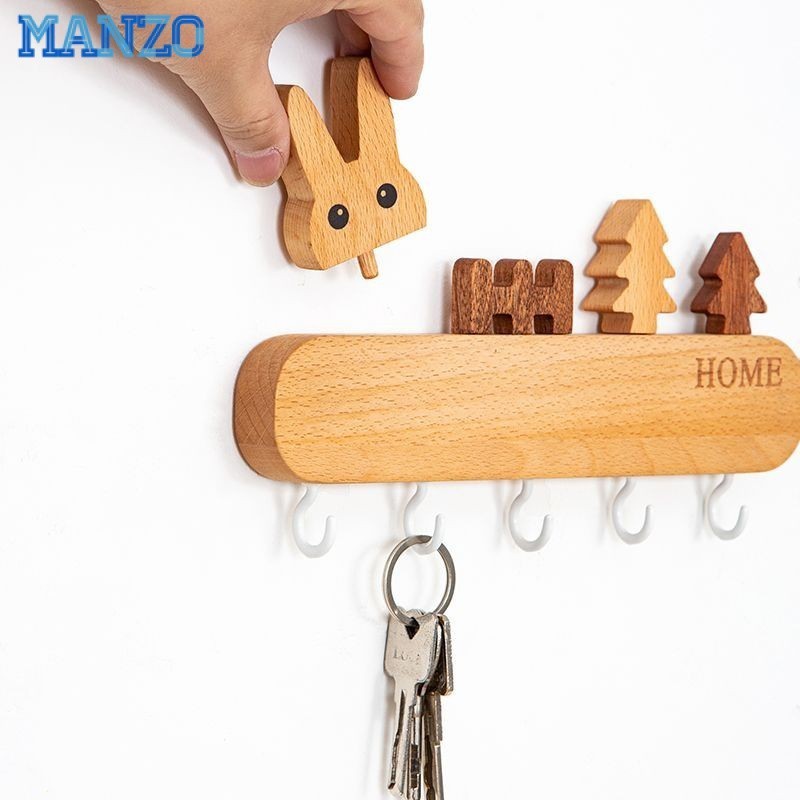Nordic Wooden Wall Mounted Key Hook Creative Key Storage Rack For