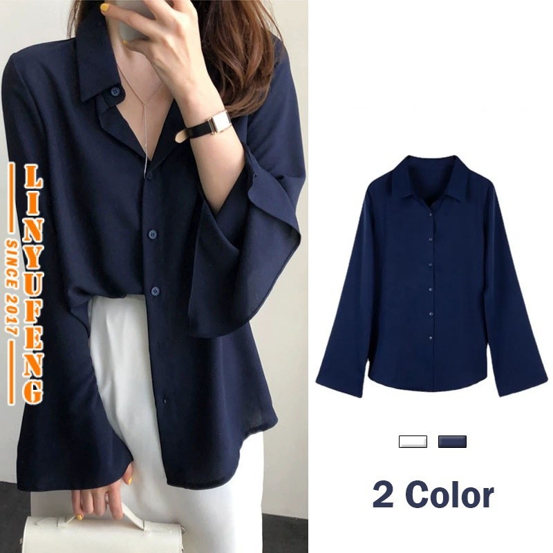 Blouse Lengan Panjang Ivaloee Blue White