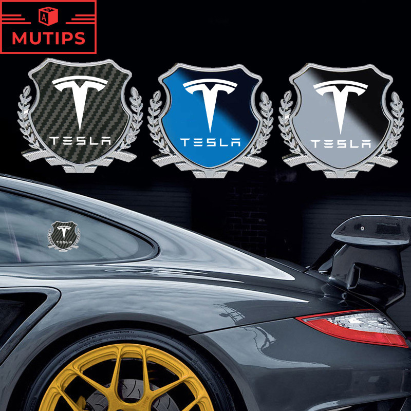 Tesla Car 3D Metal Badge Sticker Carbon Fiber Texture Emblem Auto Body ...