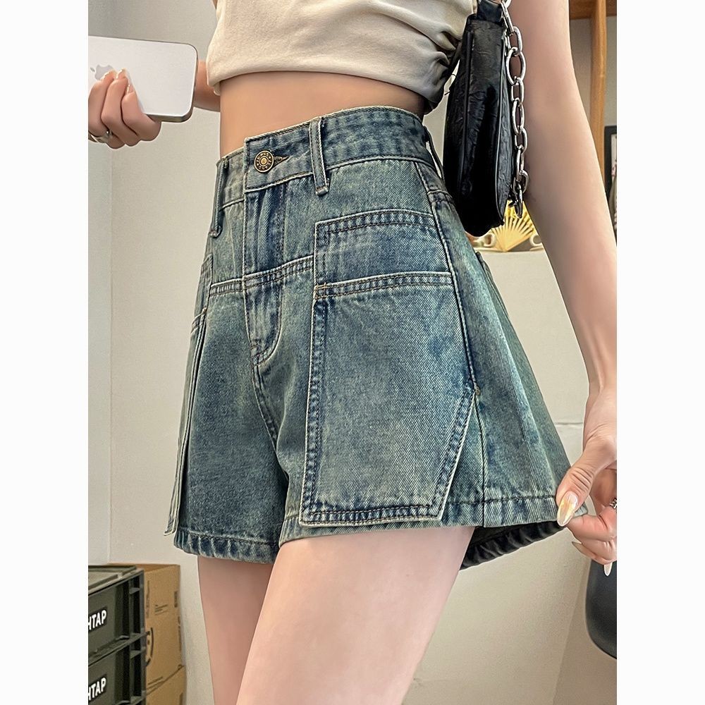 saferido American Retro Tooling Denim Shorts  Summer Fashion Design Big Pocket Splicing Wide-leg Cropped Pants Large Size Shorts 4XL 5XL