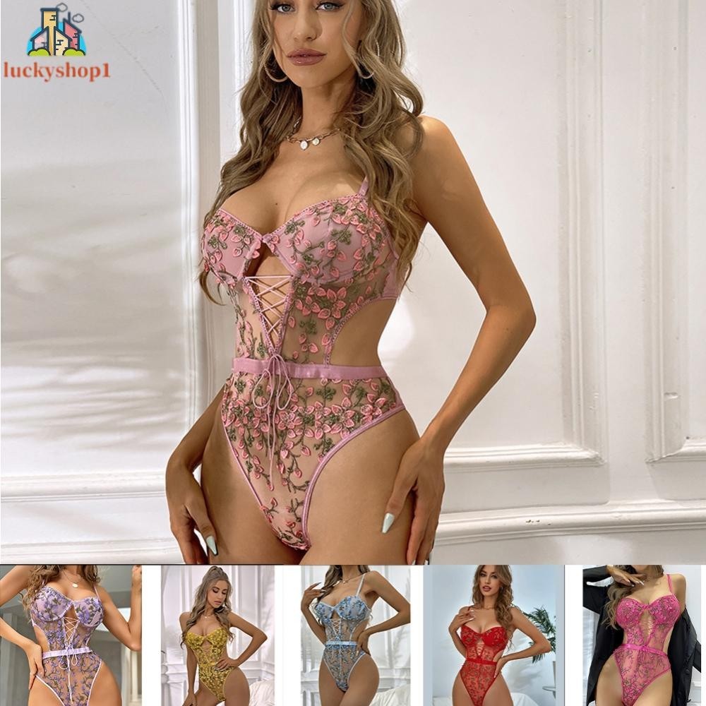 Colorful Flower Embroidery Sexy Lace Underwire Gathered Mesh Bodysuit