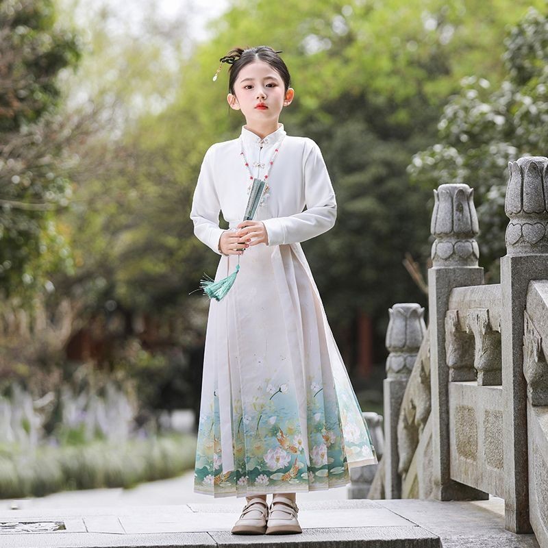 2 Pieces Kids Girls Ancient Hanfu Green Horse Face Skirt Costume Dress