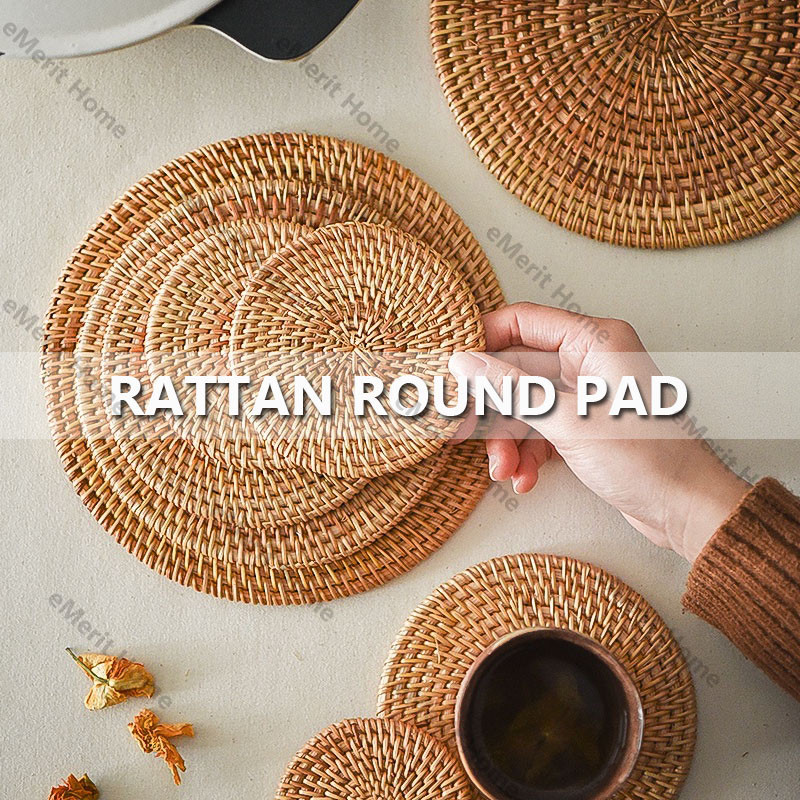 Round Natural Rattan Cup Mats Handmade Insulation Placemats Table ...