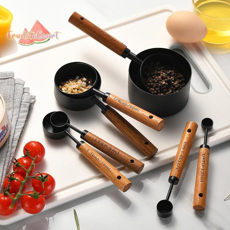 [ECM] 4/8Pcs Wooden Handle Stainless Steel Measuring Cups Spoons Baking ...