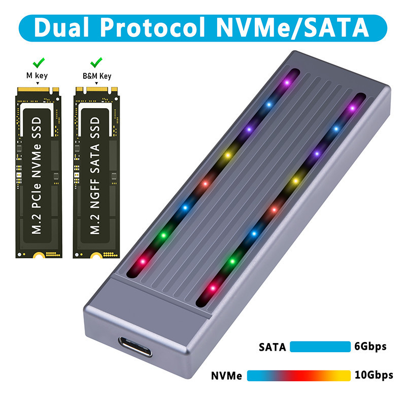 Dual Protocol SSD Case NVME M.2 SATA SSD Enclosure RGB LED USB C 3.2 ...