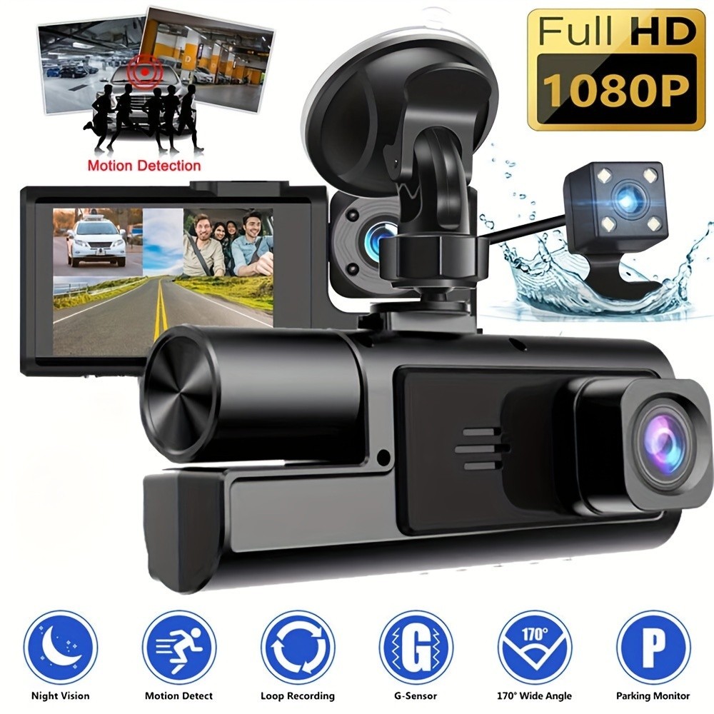 1080P Car Dash Cam 3 Cameras Front Cabin and Rear Driving Recorder DVR ...