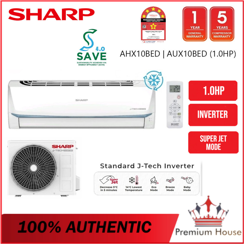Sharp R32 Inverter JTEC Air Conditioner AHX9VED 5 Star Rating 1HP ...