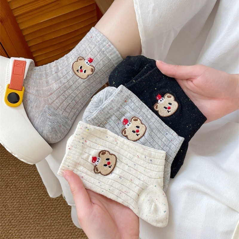 Korean Socks Cute Cartoon Bear Socks Embroidered Dot Yarn Socks Women ...