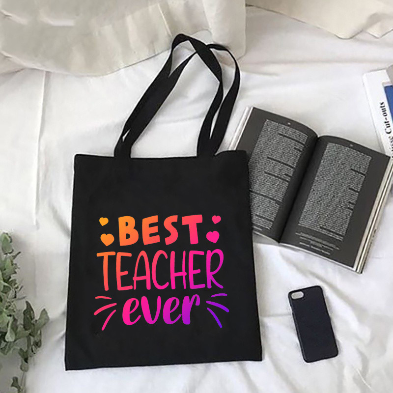 Best Teacher Ever Print Pattern Black Tote Bag Canvas Casual Shoulder ...