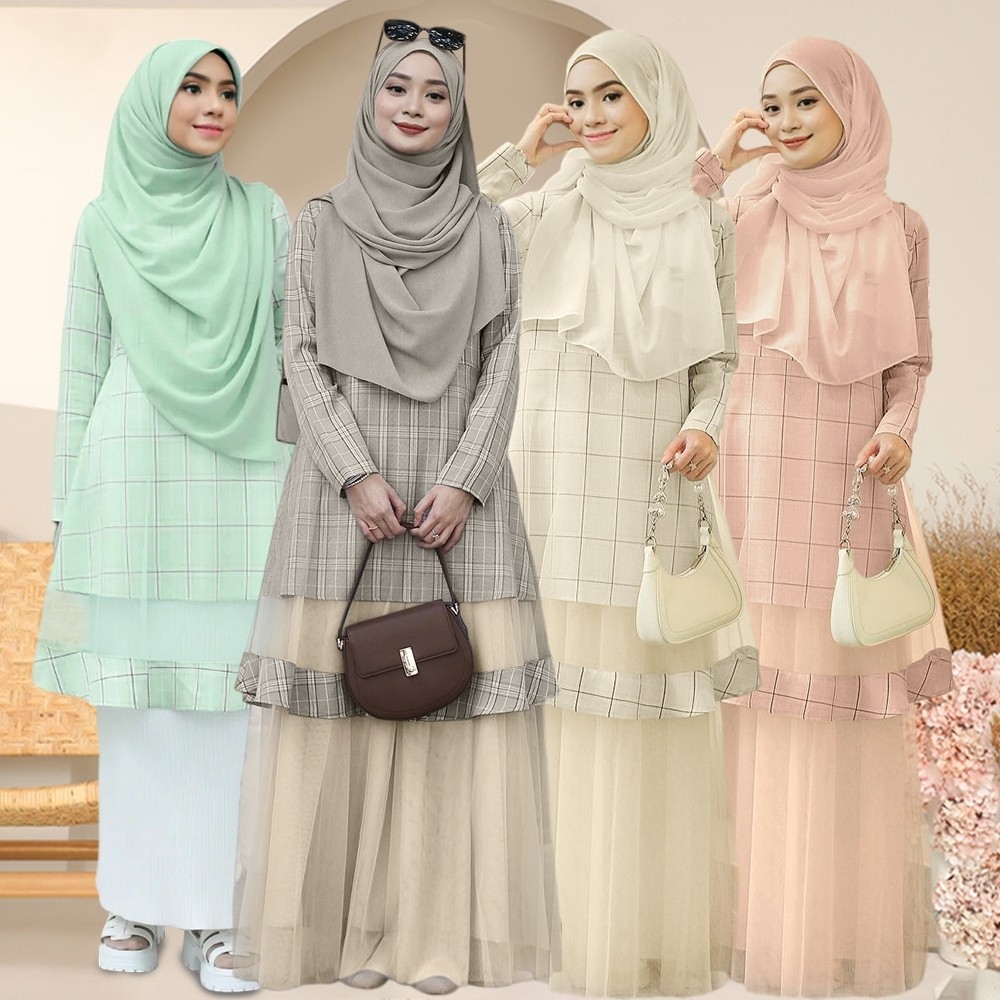 Baju Kebarung Baju Raya 2025 Plaid Peplum Baju Kurung Moden Mesh ...