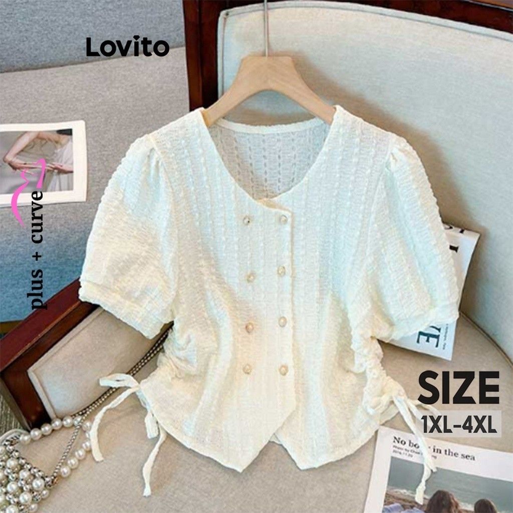 Lovito Plus Size Curve Casual Plain Drawstring Plicated Blouse For