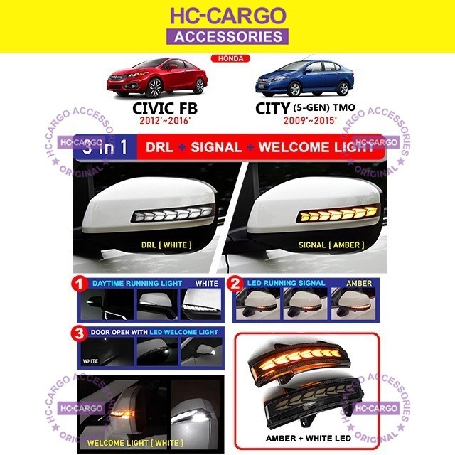 For 01-05 Honda Civic Coupe M-3 Style Gloss Black Power Mirrors Blue LED Arrow
