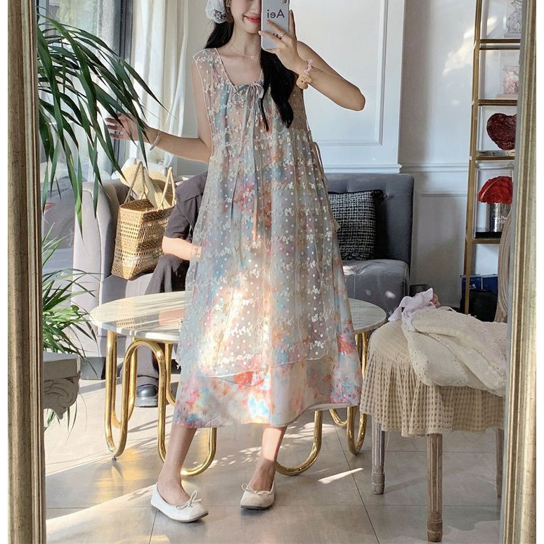 Dress Korean Style Wear Summer Korean Women's Clothing Blouse One-Piece  Dress Seaside Vacation Floral Stitching Sling Dress Women's Two-Piece Set  Summer Lace Layered Overskirt Skirt Suit | Shopee Malaysia