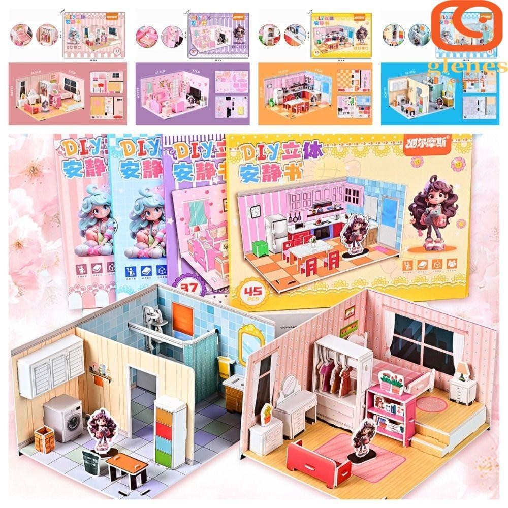 GLENES DIY Puzzle Dollhouse Room Bedroom Kitchen Pretend Play Paper 