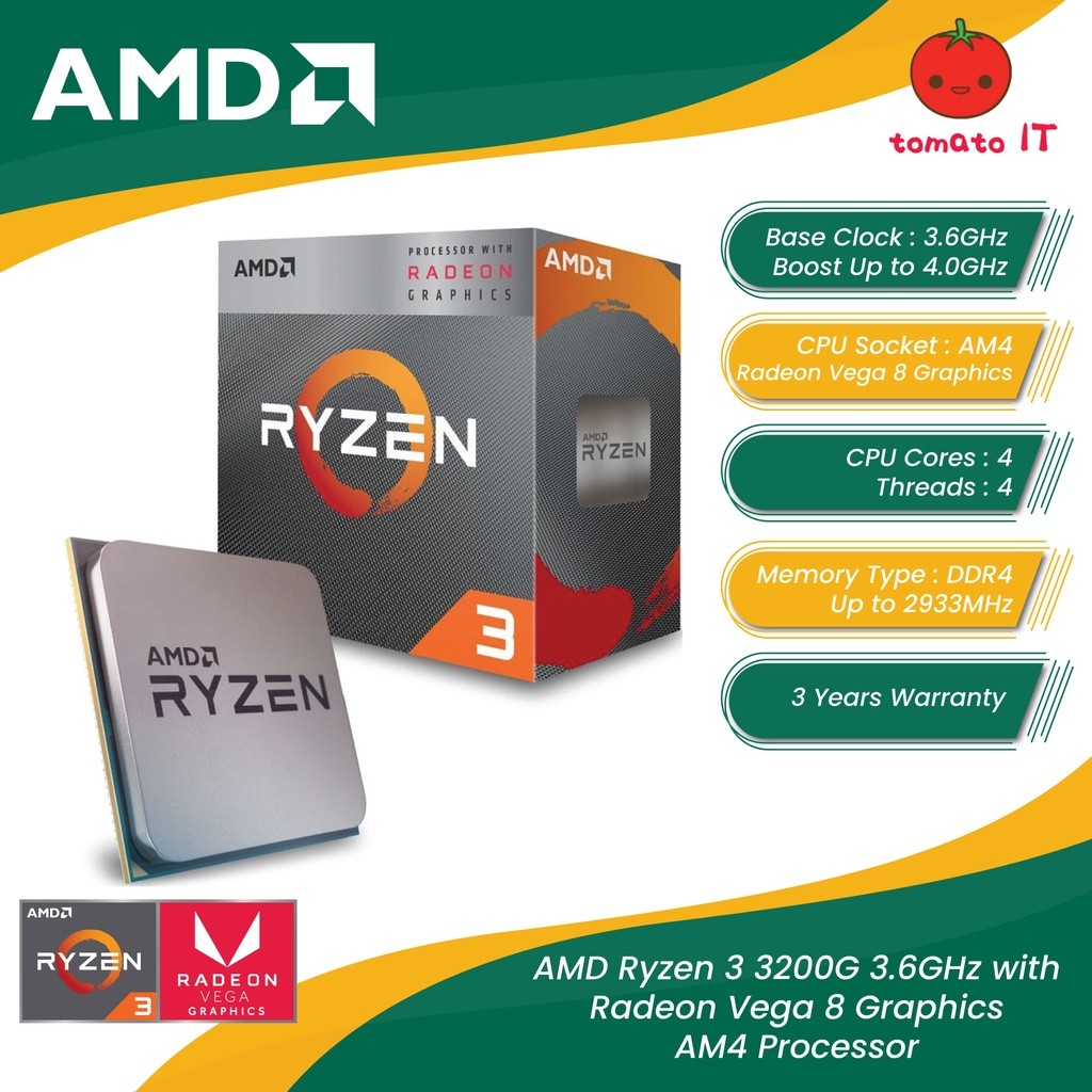 AMD Ryzen 3 3200G 3.6GHz with Radeon VEGA 8 Graphics AM4 Processor ...