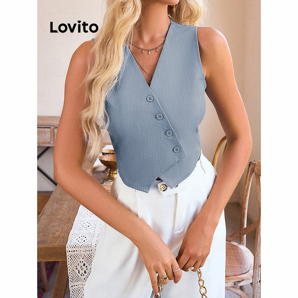 Lovito Elegant Plain Button Tank Top for Women LBL15019 | Shopee Malaysia