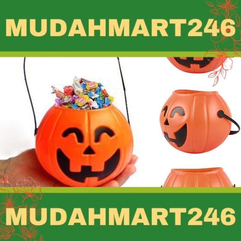 Halloween Pumpkin Bucket Lantern Light Plastic Orange Candy Pail Treat