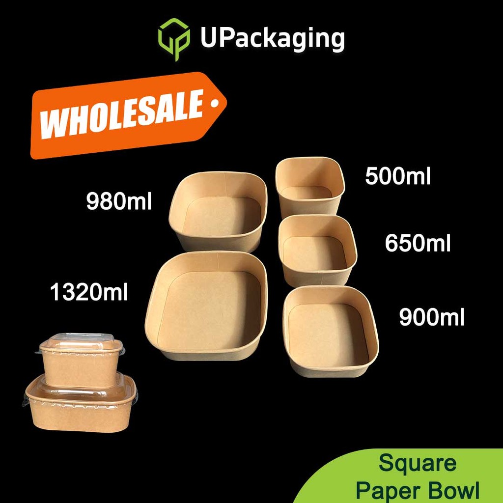 [300 Pcs] SQUARE KRAFT PAPER BOWL with PET Lid Fruit Salad Bowl ...